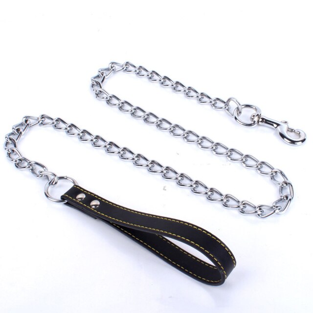 Heavy Duty Metal Chain Dog Lead With Leather Handle Long Strong Control Leash Outdoor Pet Traction Rope Anti Bite Chain: Black