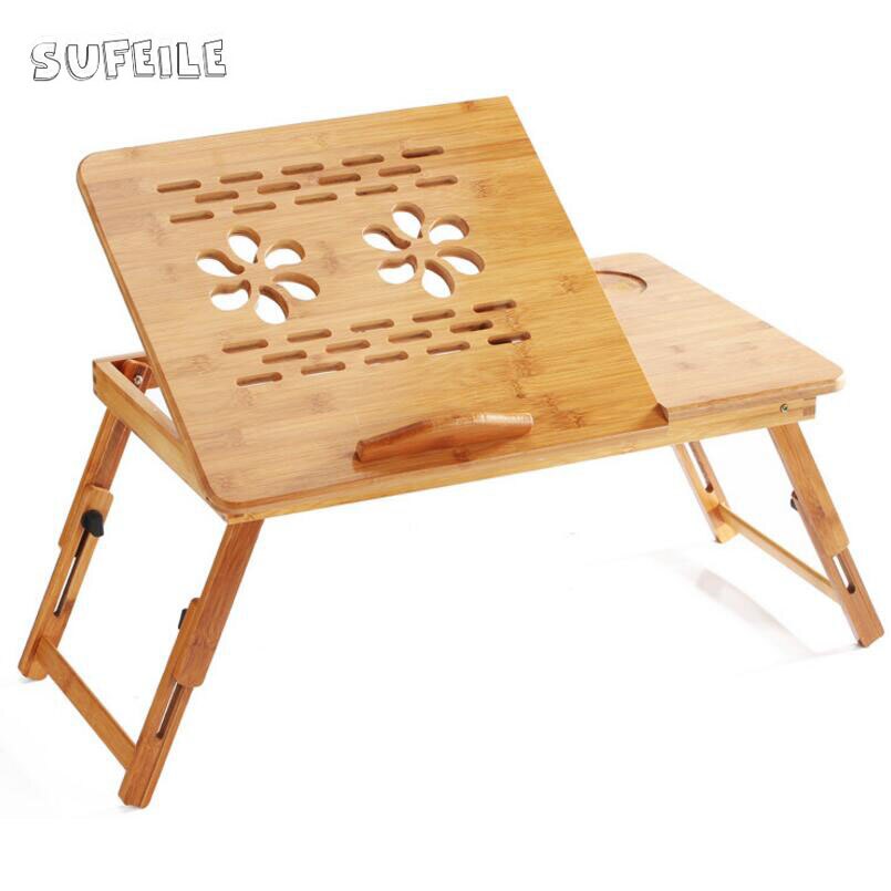 SUFEILE Outdoor office Natural Bamboo Laptop Table Desk Adjustable Height Folding Table Computer Desk Portable Notebook Stand D5