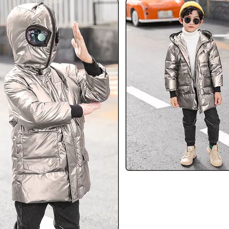 Superman de invierno para niños de 110-160cm, traje de chaquetas de pato blancas, ropa de abrigo acolchada con luz cálida,
