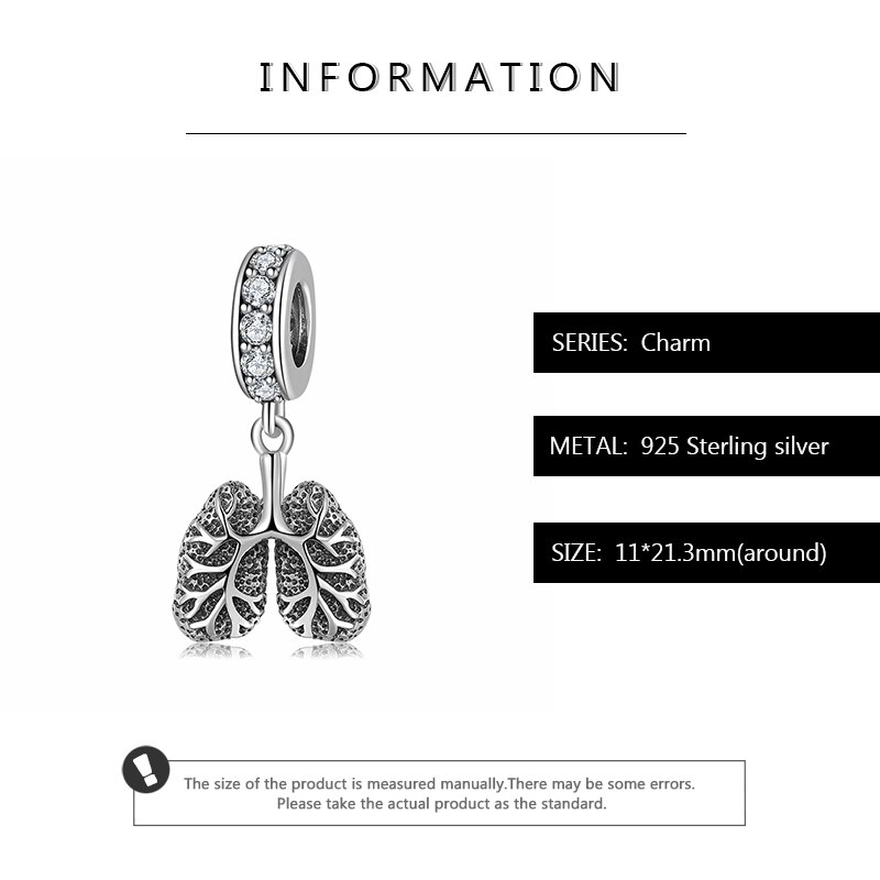 Nowe 925 srebro narządy płuc z przezroczysta cyrkonia zawieszki uroki dla bransoletki zrobienie dopasowanie projektant bransoletka z koralików