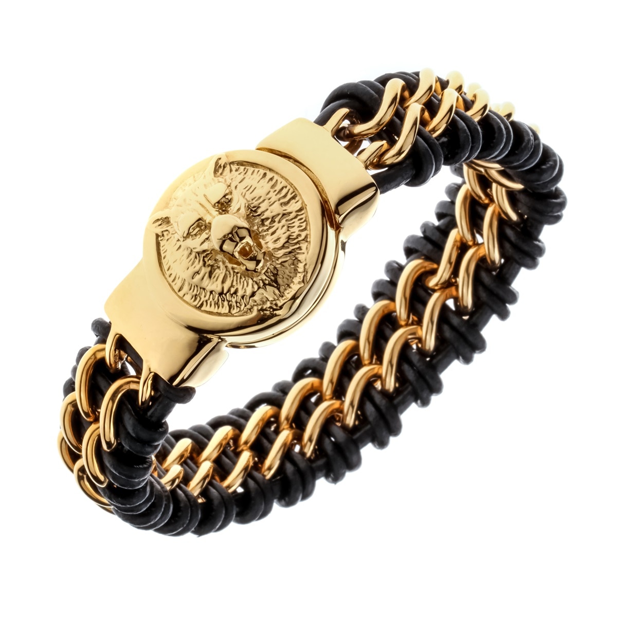 Mens black leather stainless steel gold silver color wolf chain link bracelet heavy jewelry birthday for dad him 9" D073: gold