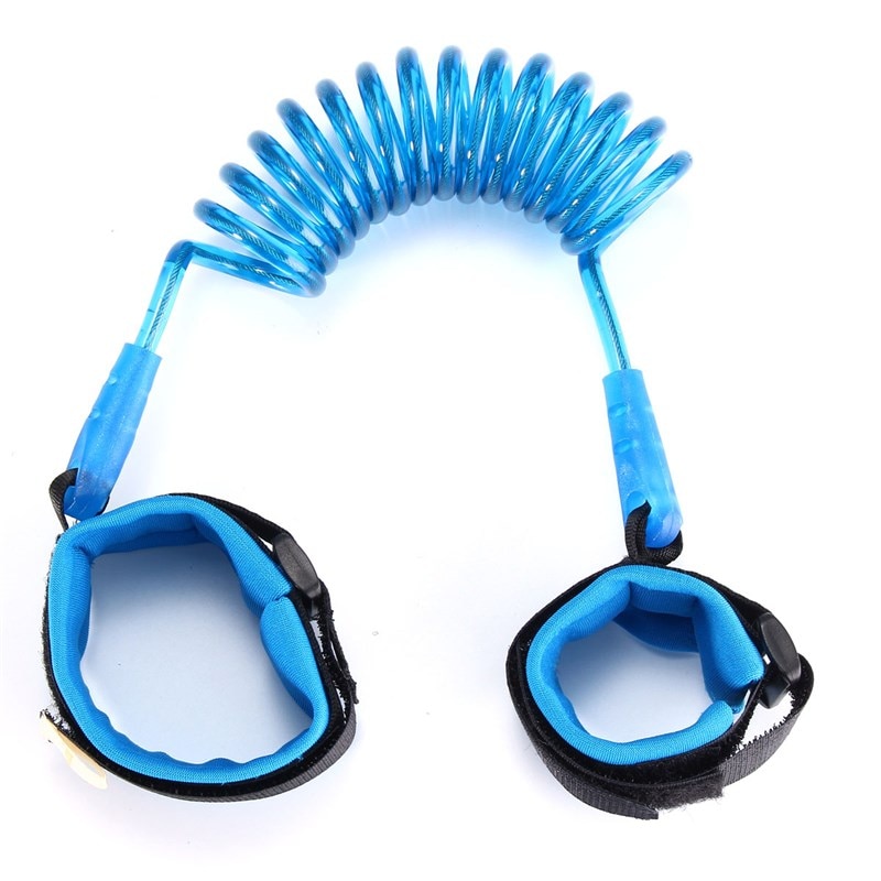 Blue PU&Stainless Steel Contraction Toddler Safety Harness Child Safty Wrist Link Anti-lost Child Belt Adjustable