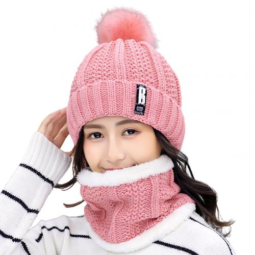 Vinter kvinder tyk strikket beanie hat plys hals gamacher tørklæde udendørs ridning sæt familie matchende kasketter hatte: Lyserød