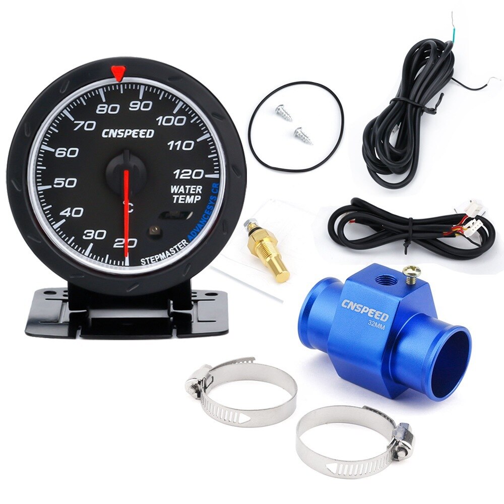 CNSPEED 60MM Temperatuurmeter 20--120 C Water Temp Meter Rood &amp; Wit Verlichting Auto Water met sensor adapter: with 32mm