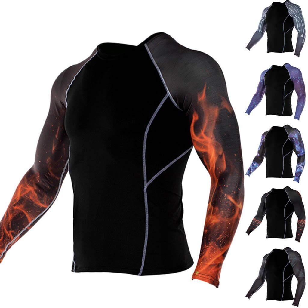 Youyedian mænds cykling baselag lange ærmer fitness t-shirt hurtigtørrende strømpebukser cykel sport print top bluse #y20