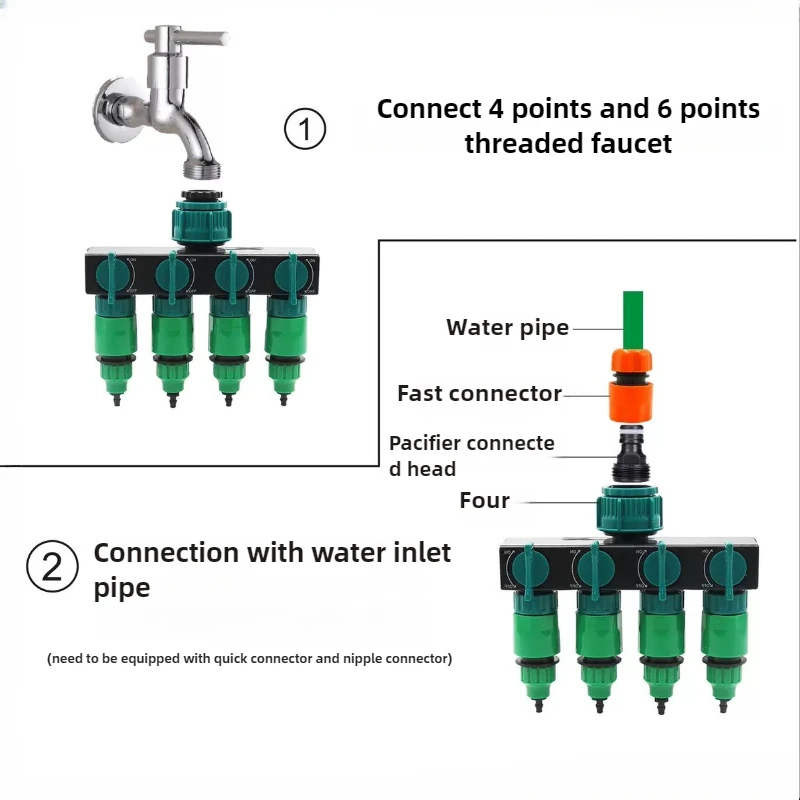4- vägs slangkoppling, trädgårdsbevattning, vattendelare, 3/4 " och 1/2 " bevattningskopplingar, ventil, vattenfördelare