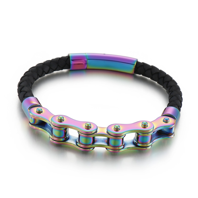Trend Leather Braided Stainless Steel Bike Chain Bracelet Motorcycle Chain Wristband Men Bicycle Bangle JewelryWholesale
