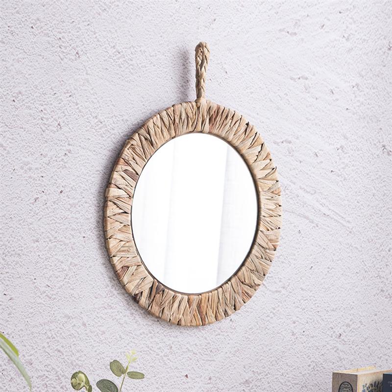 1Pc Idyllic Rattan Woven Mirror Natural Wall-mounted Mirror Bedroom Decor Khaki