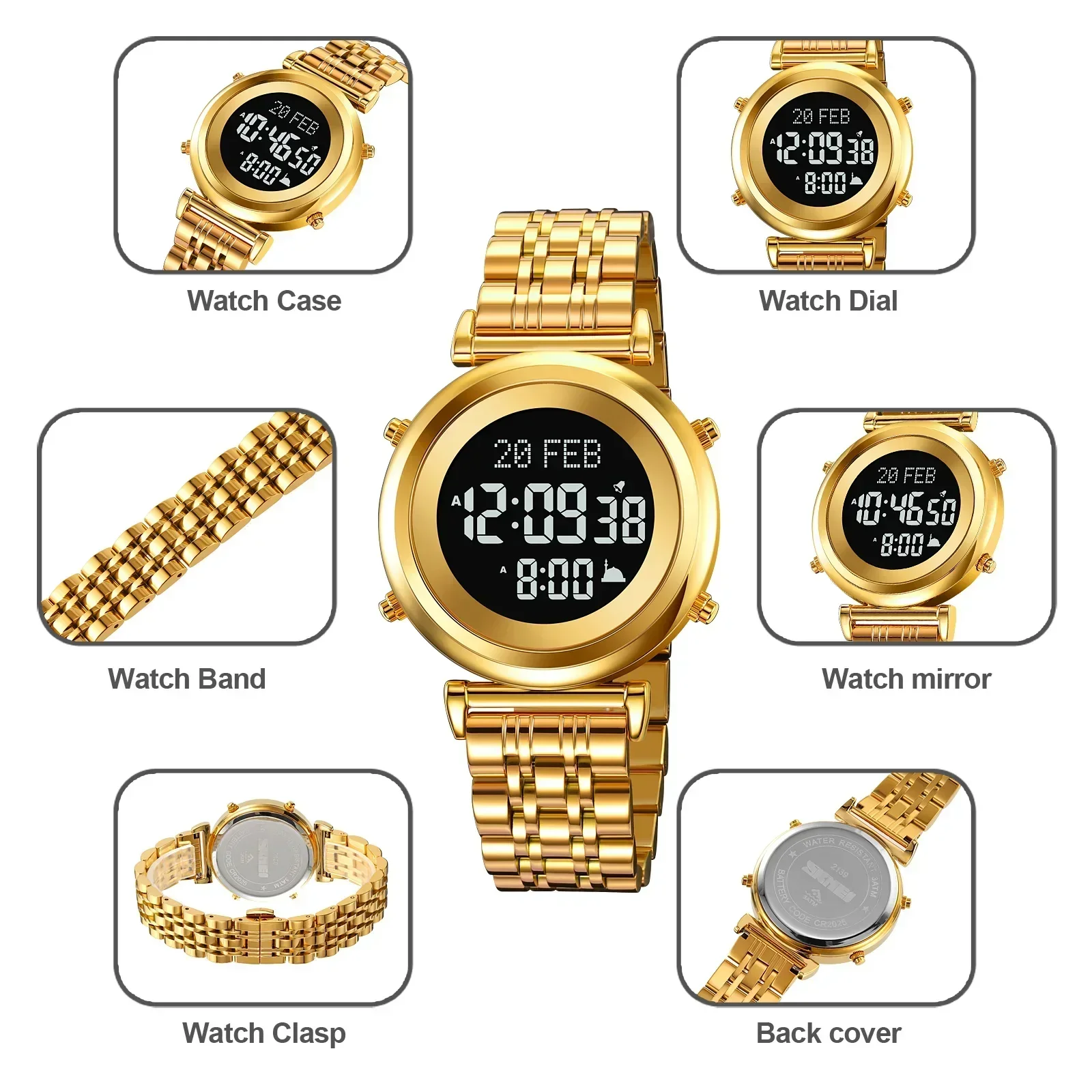 Skmei 2139 Staal Moslim Azan Digitaal Horloge Heren Achterlicht Waterdicht Polshorloge Gebed Qibla Kompas Wekker Horloge 1861