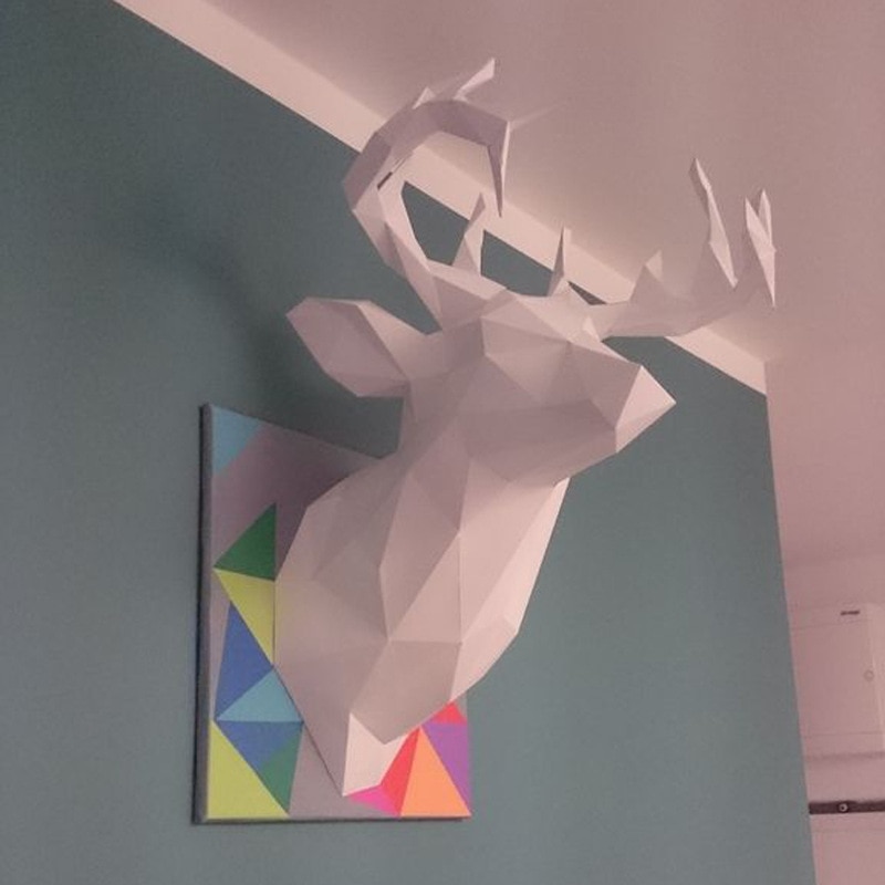 3d papir model farverigt hjortehoved geometrisk origami moderne boligindretning vægdekoration pædagogisk legetøj diy papirhåndværk: Lyserød iriserende