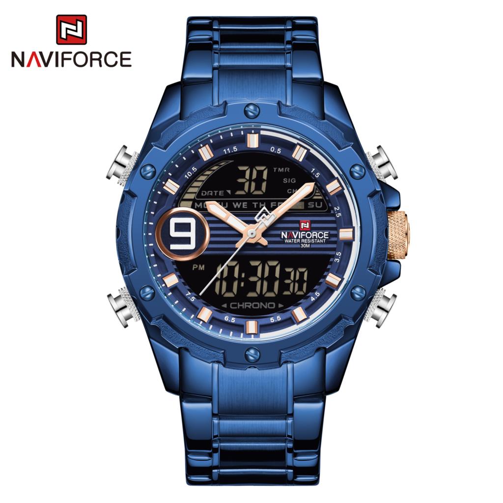 Naviforce Mannen Horloge Chronograaf Sport Horloges Klok Dual Display Quartz Analoge Digitale 3ATM Waterdicht Horloge Zwart