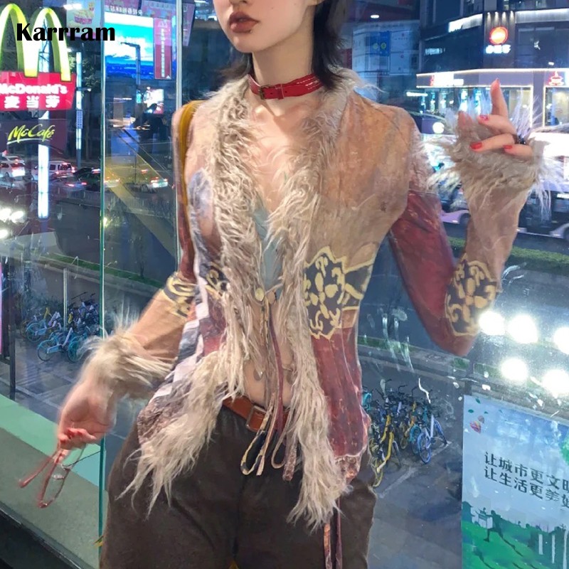 Karrram-camisa con borlas Grunge Y2k, Tops de malla estética, blusas japonesas Harajuku, Camisa de algodón con estampado Irregular Vintage de los años 2000