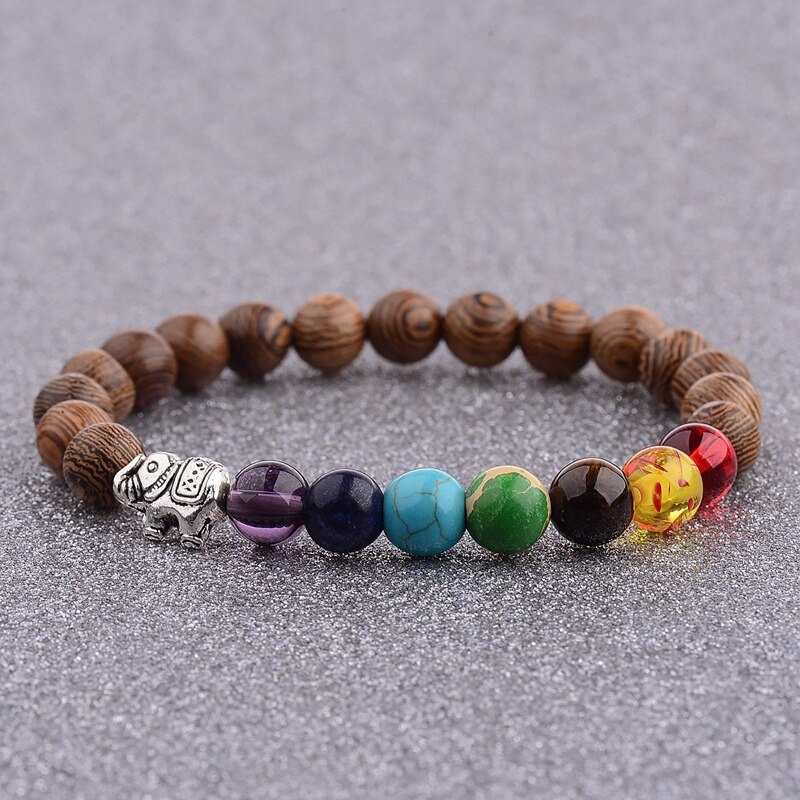 Amader 7 Chakra prière Bracelet en bois naturel hommes Ethinc méditation argent bouddha et éléphant Yoga Bracelet pour les femmes WABJ002