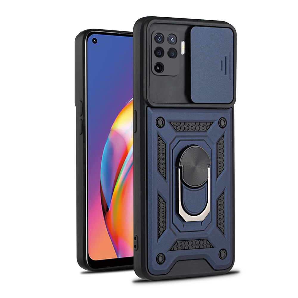Armor metal case for oppo reno 5 lite 5 6 5g f-ringhållare med stativ fodral för reno 4 reno 4 lite 5f push-pull-skal: Bomullstyg / Blå