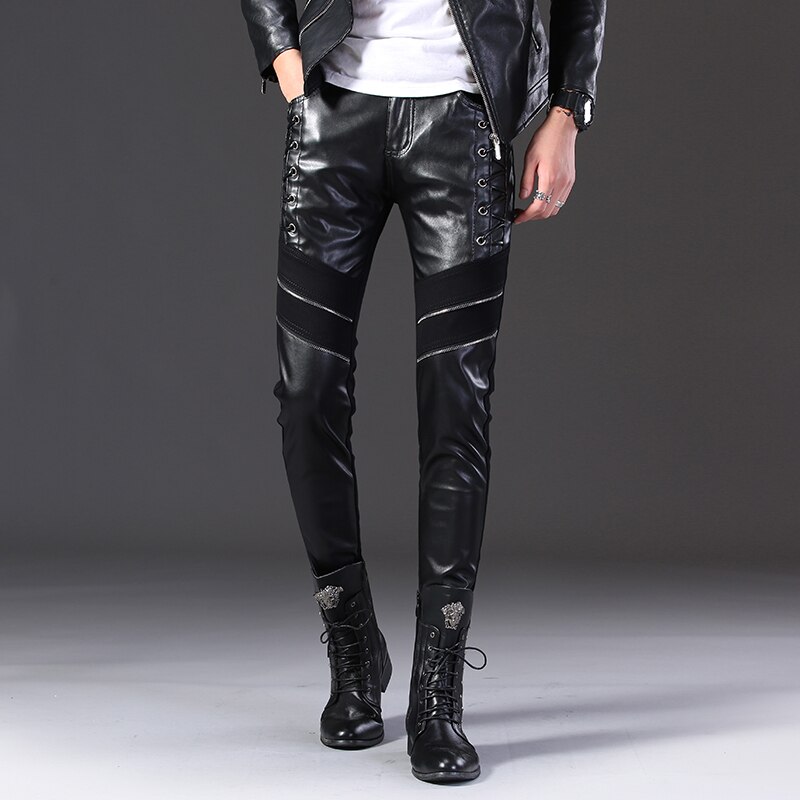 Men's Slim-Fit Leather Pants Teen Trend Semi-Leather Pants Stitching ...