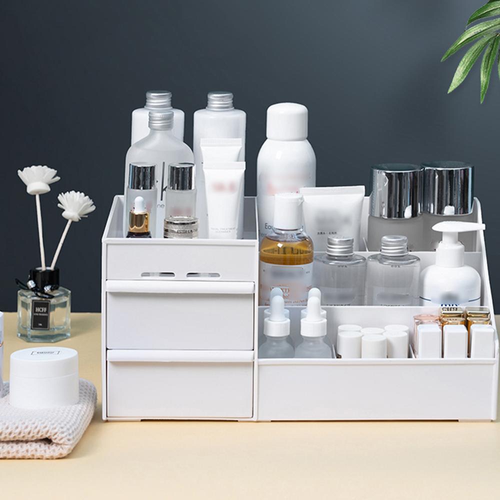 Clear Desk Organizer ith Two Sliding Drawers Plastic Individual Compartments Stationary Cosmetics Organizer Container Holder