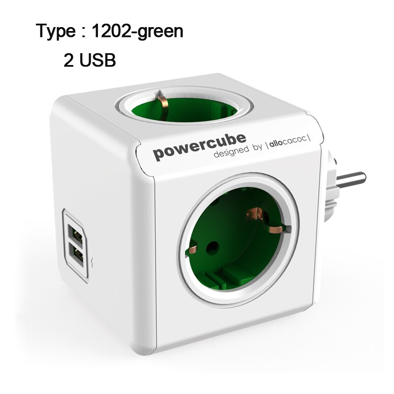 Allocacoc powercube stikkontakt usb-stik eu-stik multi smart-stikforlængelse eu elektrisk 16a 4 stikkontakt 2.1a hjemopladning grå: 1202 grøn-usb