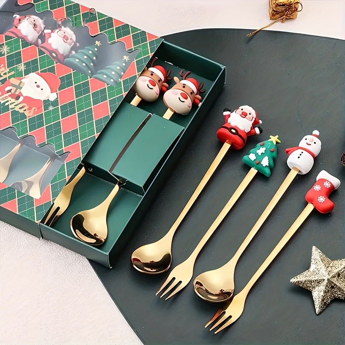 2/4/6 Stuks Kerst Vork En Lepel Set, Roestvrij Staal Creatief Servies, koffie Thee Dessert Vorken En Lepels Set