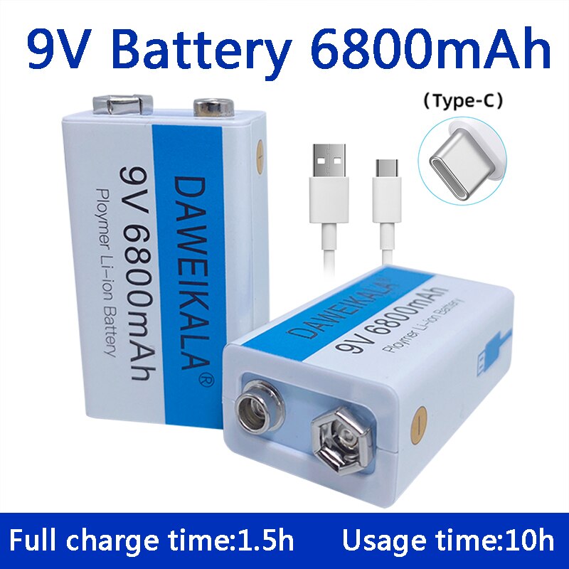9V Battery 6800mAh li-ion Rechargeable battery Type-C Battery 9V lithium for Multimeter Microphone Toy USB charging cable