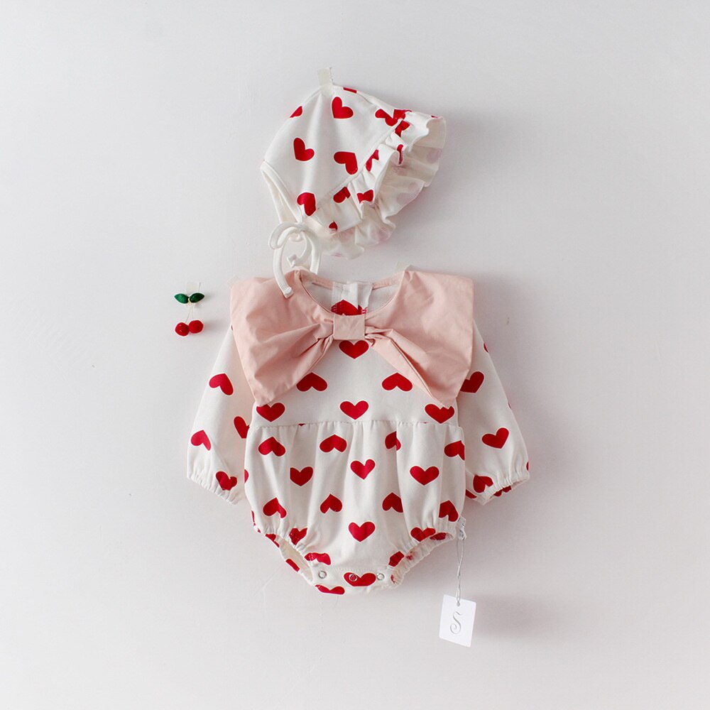 Liefde Hart Baby Meisje Romper Valentijnsdag Boog Lange Mouw Prinses Bodysuit Gratis Hoed Baby Kleding E92117