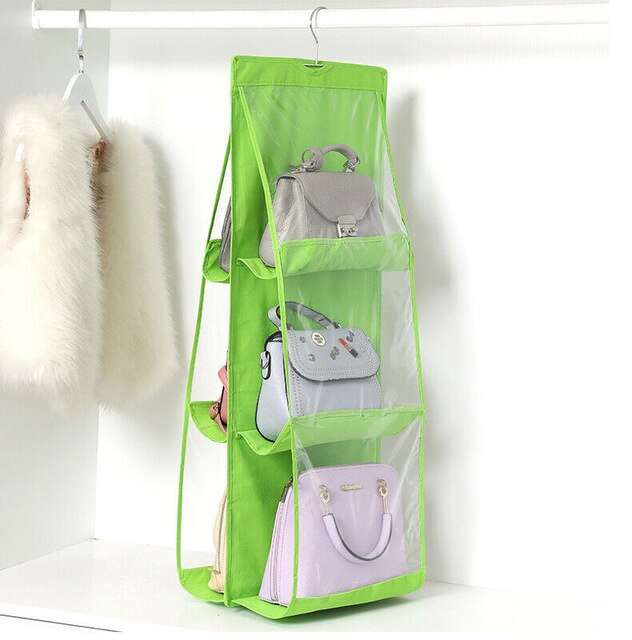 6 Pocket Folding Hanging Handbag Purse Storage Large Clear Holder Anti-dust Organizer Rack Hook Hanger Rack Bag: green