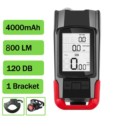 Wireless Bicycle Computer MTB Cycling Bike Odometer Stopwatch Speedometer Integrated 800LM Headlight 120DB Horn Accessories: Red B
