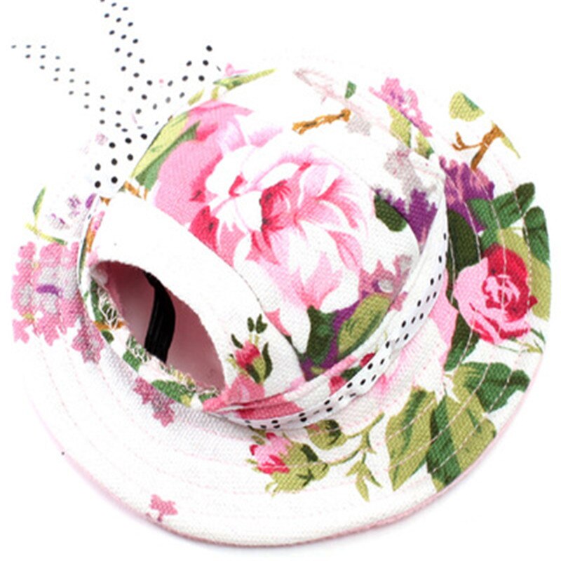 Sommar sällskapshund söt print keps baseballhatt liten hund med öronhål bowknot mesh andningsbara hundhattar: Pion / M