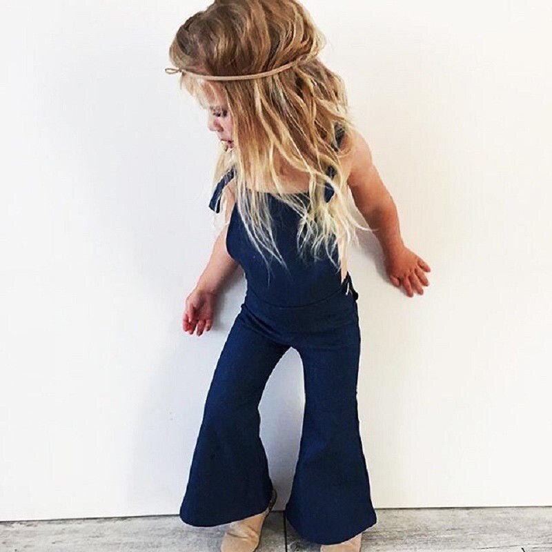 Bambini Tute E Salopette Denim Della Cinghia Del Pagliaccetto Casual Maglione Delle Ragazze Del Bambino Dei Pantaloni Della Tuta Outfit Abbigliamento Campana Pantaloni di Fondo Vestiti di Estate