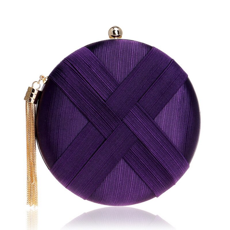 Round Solid Evening Bad Wedding Clutches Satin Hard-Surface Tassels Clutch Bag Dull Polish Banquet Small Purse: purple