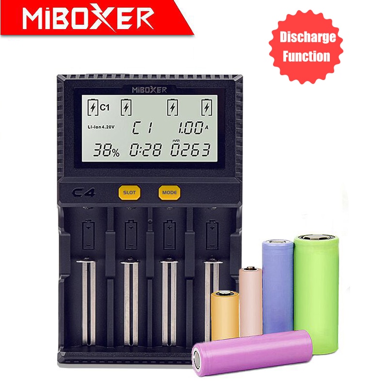 Original Miboxer C4 LCD Battery Charger for Li-ion/LiFePO4/Ni-MH/Ni-Cd 18650 14500 26650AAA4.2 3.7 1.2 1.5V discharging function