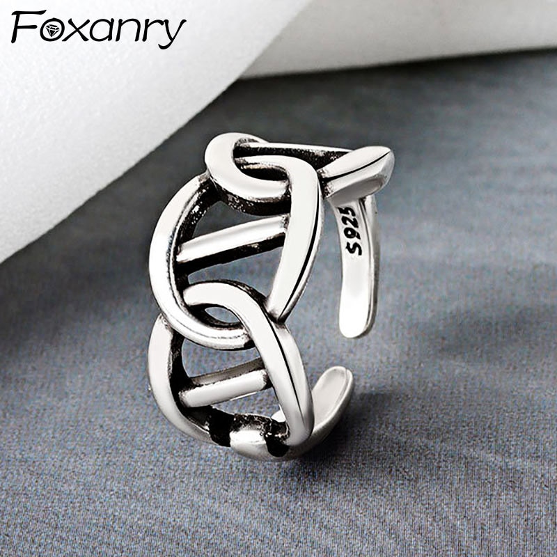 Foxanry 925 Sterling Silver Trendy Rings for Women Simple Hollow Geometric Handmade Party Jewelry