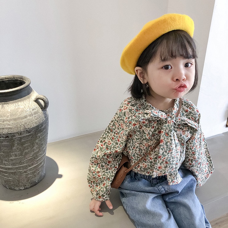Herfst Schattige Meisjes Casual Bloemen Strik Frenal Mode Shirts Pastorale Stijl Lange Mouwen