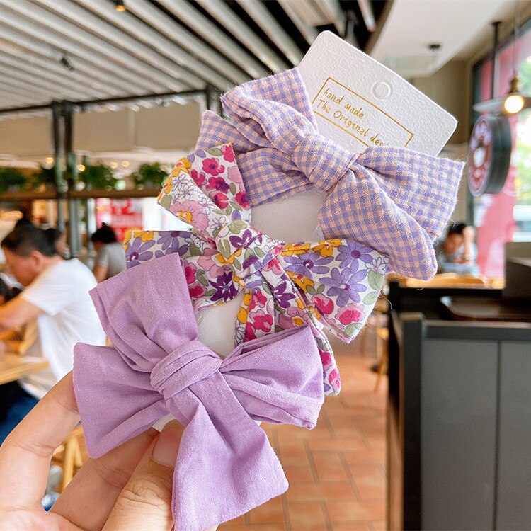 3 stk koreansk frisk enkel rutete blomsterstoff sløyfe andnebb klips vakker jente barn hårspenner hårtilbehør: 4