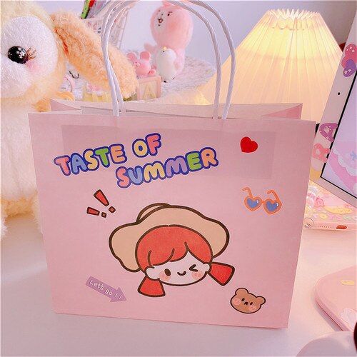 3pcs/lot Grid girl Bags Kraft Packaging Handle Paper Storage Bag for Wedding Candy Favor Bag With Handle Bag: Pink hat girl