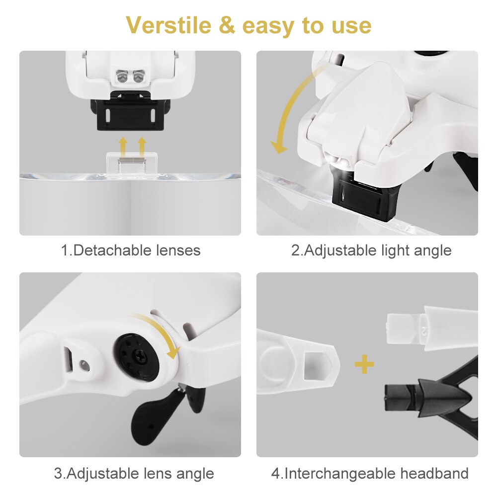 Vergrootglas, oplaadbare 5-lensloep Brillenvergrootglas met led-verlichting Lamp, hoofdband Led-vergrootglas voor lezen