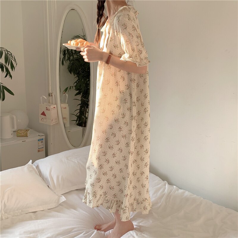 Korte Mouwen Zomer Nachtjapon Vrouwen Slapen Jurk Bloemenprint Crêpe Katoen Nachthemd Comfortabele Leuke Nachthemd 2022 D138