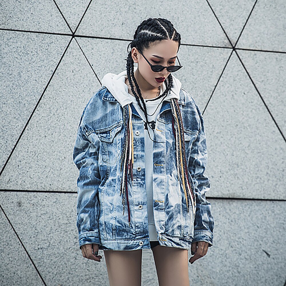 Chaqueta vaquera pintada a mano para hombre, chaqueta Harajuku, azul, Otoño,