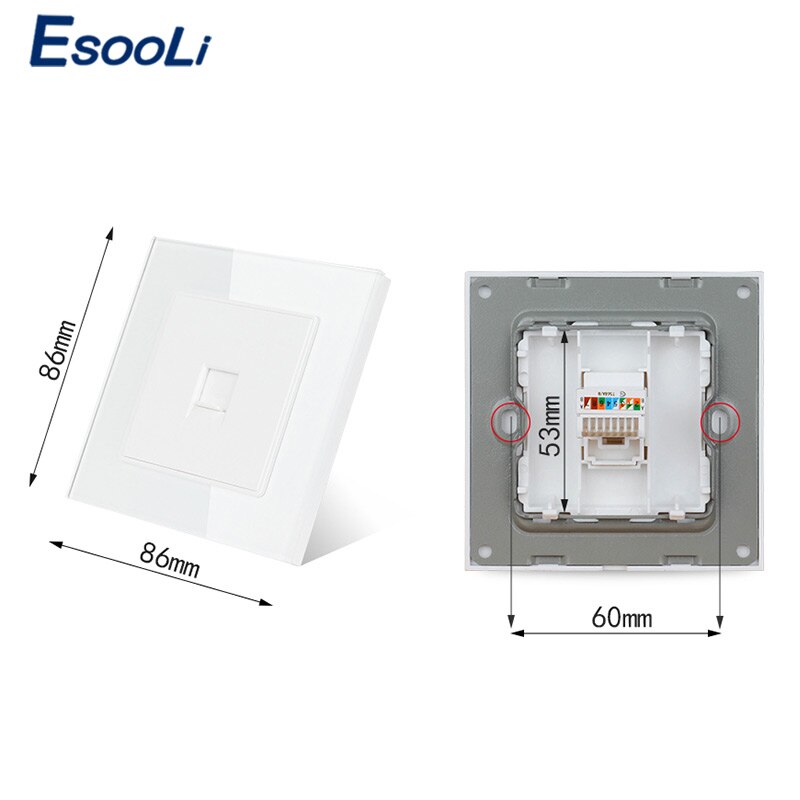 Esooli Crystal Glass Panel Power Socket 1 Gang RJ45 Internet Jack CAT6 Connector Computer Outlet Wall Data Socket