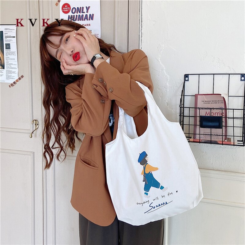 Original Illustration Korean Cartoon Printed White Canvas Bag Student Personality Handbag Shoulder Bag Green Bags