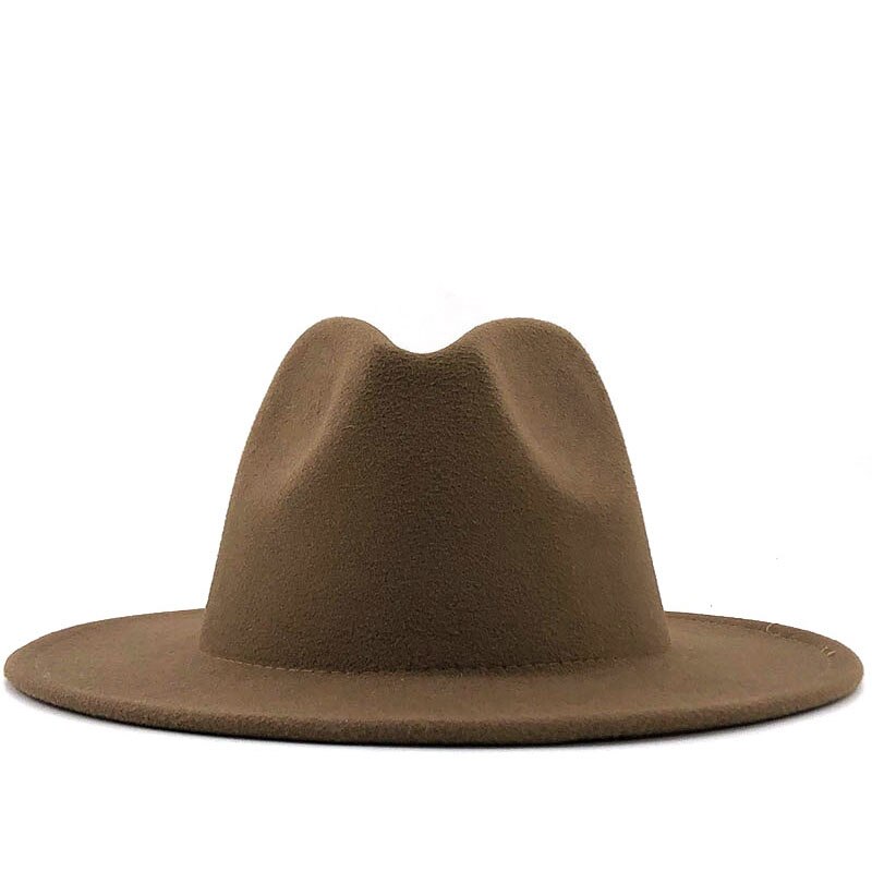 Bred randen fedora hat til kvinder ensfarvet uldfilt hat til mænd efterår vinter panama gamble grå jazz cap: 7cm khaki
