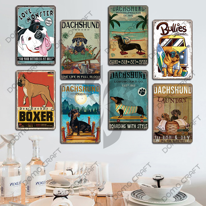 Póster de perros bonitos, carteles de Metal de estaño, placa de Metal Vintage Bulldog Dachshund, decoración artística de pared para cafetería, cocina, jardín y hogar
