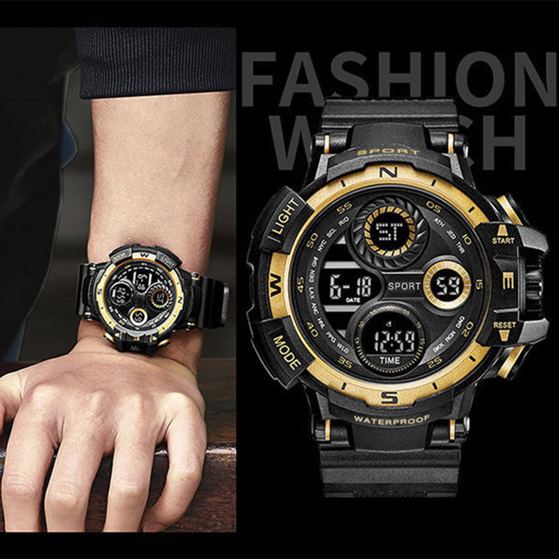 Reloj Digital negro YIKAZE para hombres, relojes deportivos, cronógrafo impermeable para exteriores, reloj de mano G, reloj de pulsera para estudiantes de choque de infantería