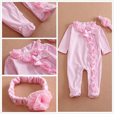Langermet nyfødt spedbarn baby jenter 0 ~ 7m rosa blomster sløyfe fottøy + pannebånd klær antrekk sett