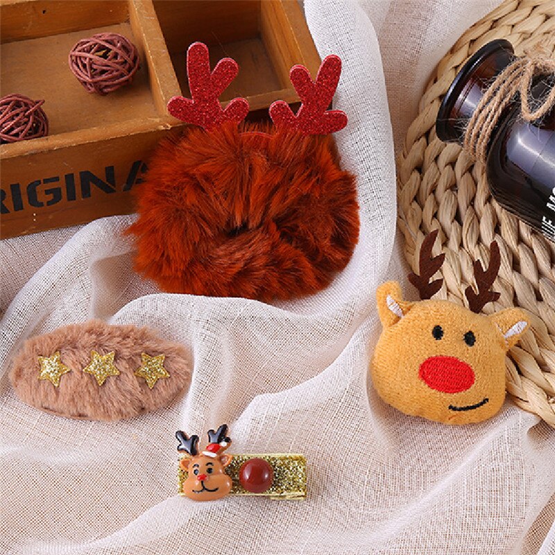 Bonito 4 peça conjunto bebê menina natal hairpin dos desenhos animados fecho decorativo elegante elk santa árvore de pelúcia crianças presente acessório do cabelo