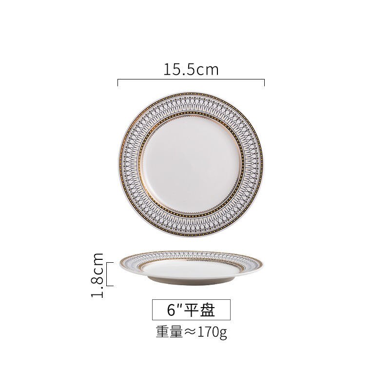 Vajilla de cerámica con borde de oro Retro de alto grado, plato para salsa, fideos, tazón de sopa, cuchara para cenas, juego de platos para carne, Deco para el hogar: Flat Plate-6inches