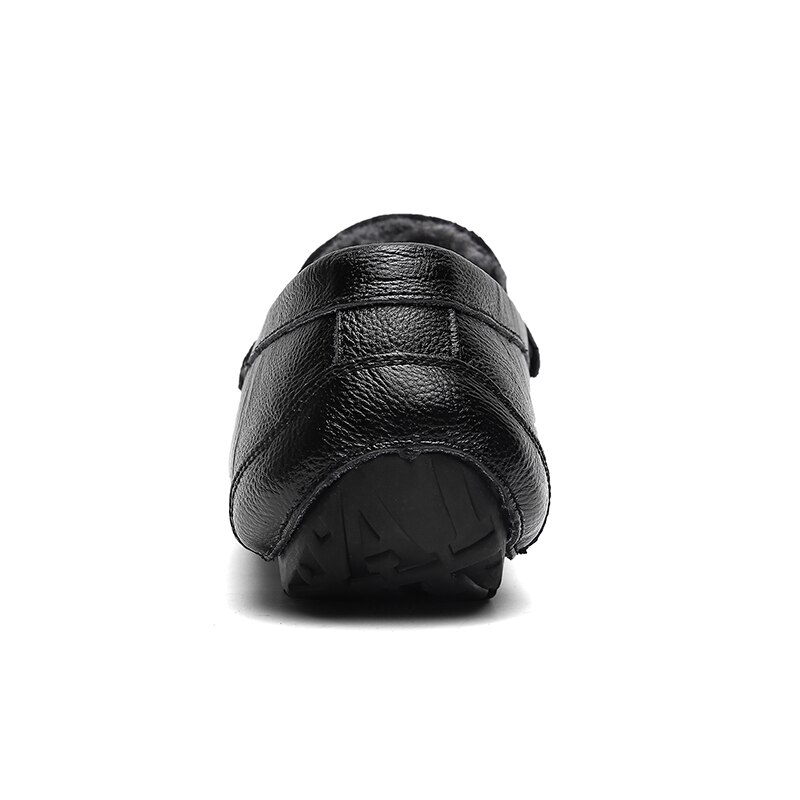 Fixsys læder mand loafers vinter varme sko håndlavet slip på flade mokkasiner pels afslappet køresko plys sorte mænd båd sko