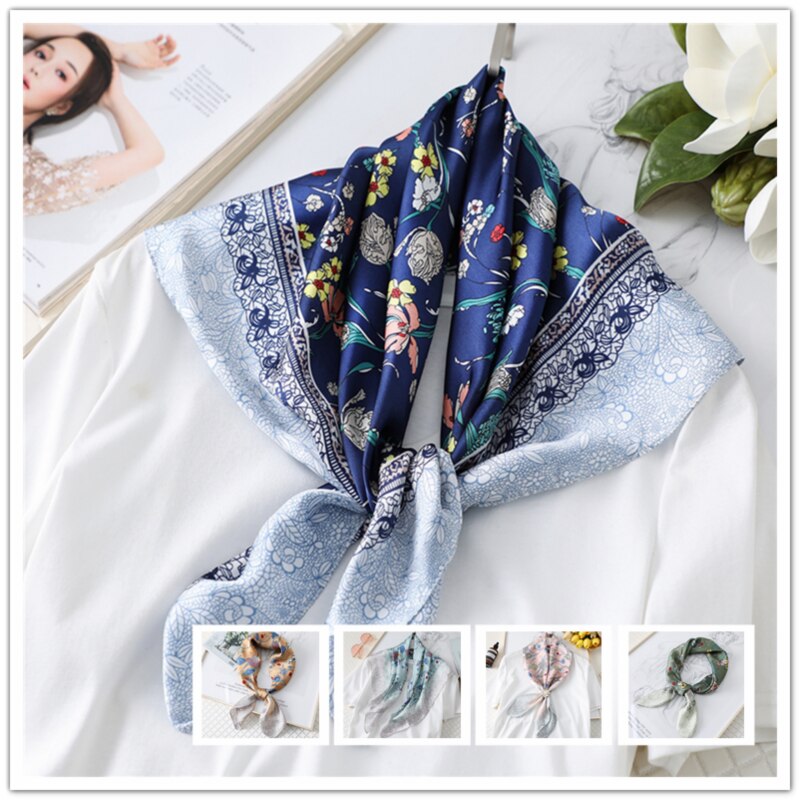 Skjerf til damer silke firkantet hode pakke inn hals hals skjerf kvinner foulard sjal lommetørkle blomstertrykk bandana