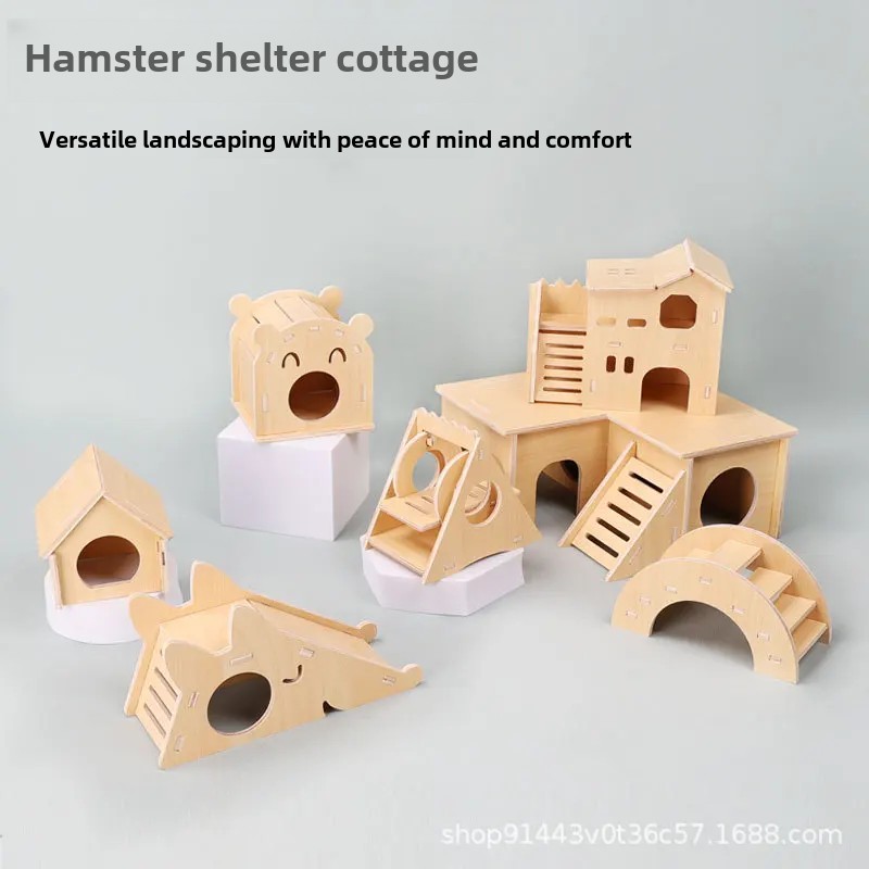 Image showcasing Real Wood Hamster Cage Toy House with Climbing Tow... – Grandado