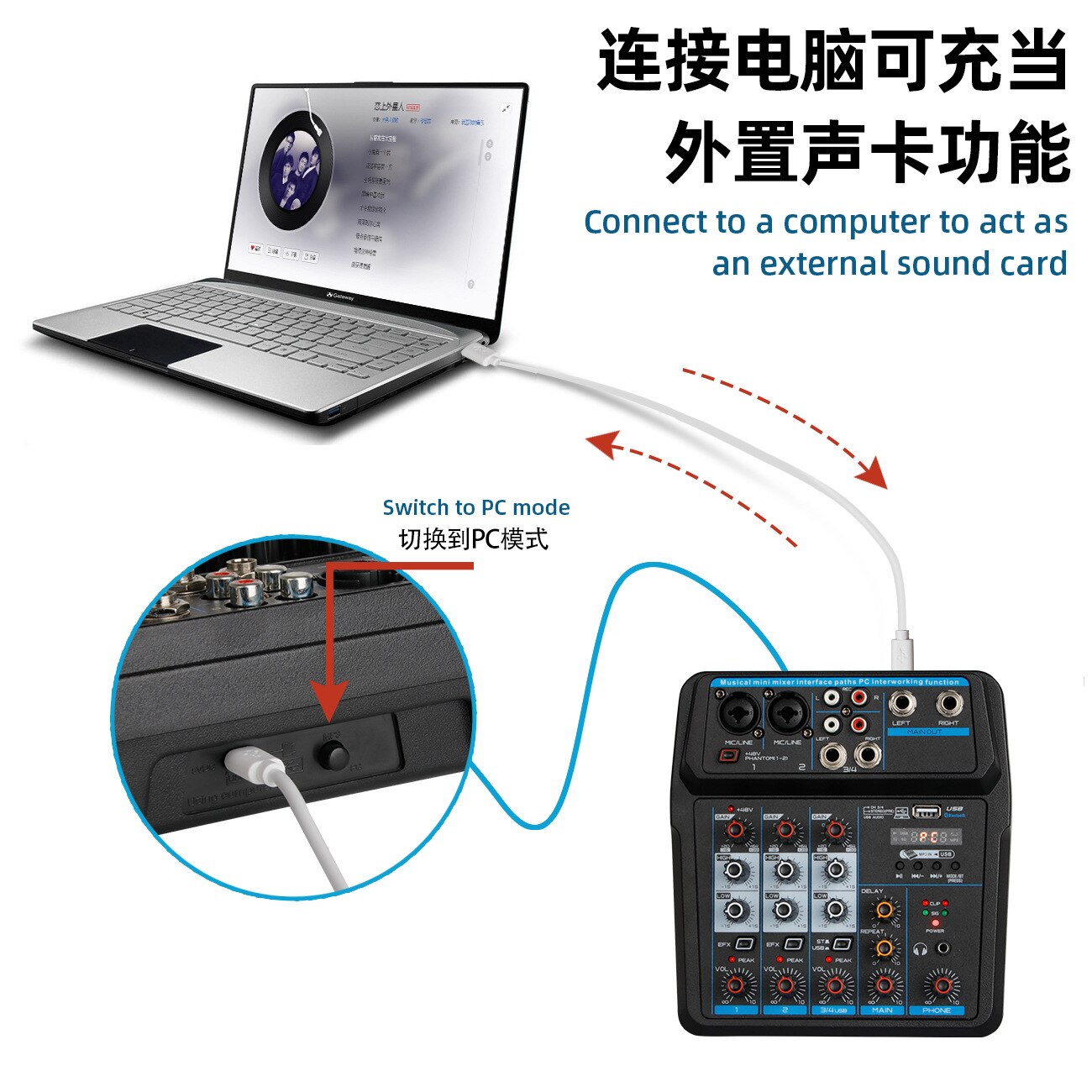 LEEDOAR 4-channel Portable A4 Mixer Sound Card Mixing Console Computer Live Input 48v Power Model Number PK TEYUN