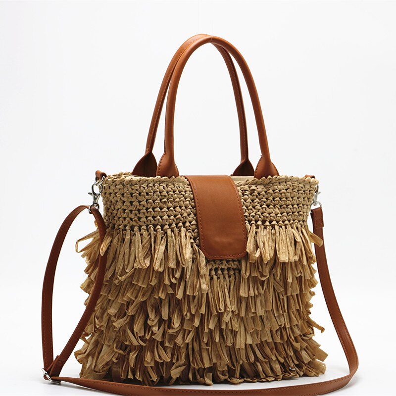Bolso de mano tejido con borlas, bandolera de paja: brown